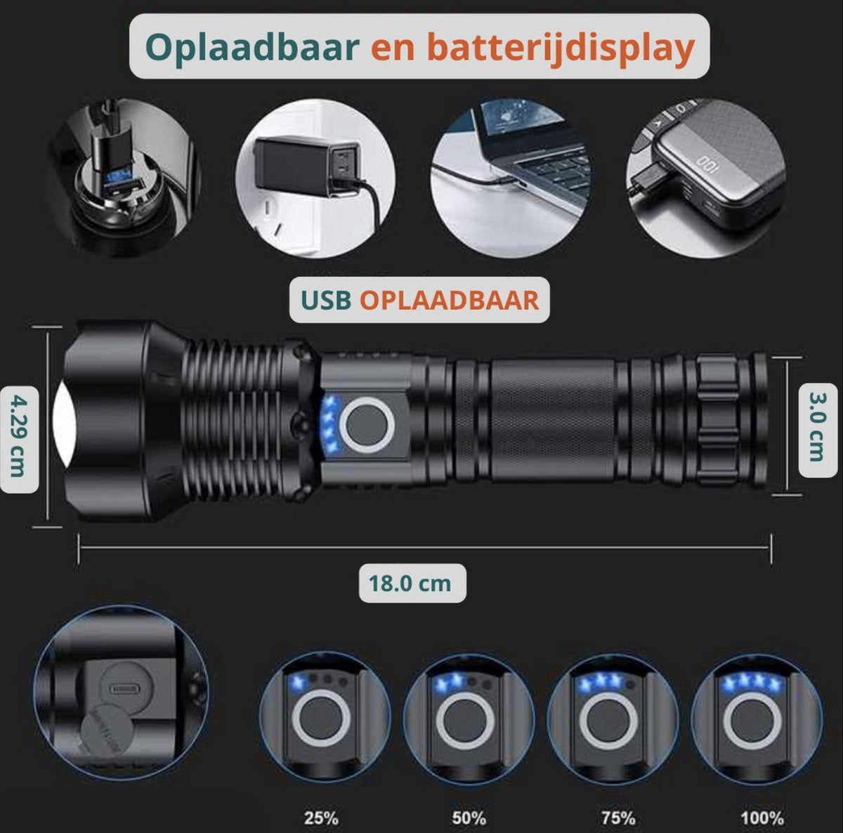 Waterproof and powerful LED flashlight - 10,000 lumens - 5 lighting modes - Rechargeable and zoomable - Long beam - Survival and outdoor use - Batteries included - USB-C rechargeable - Emergency kit - Camping