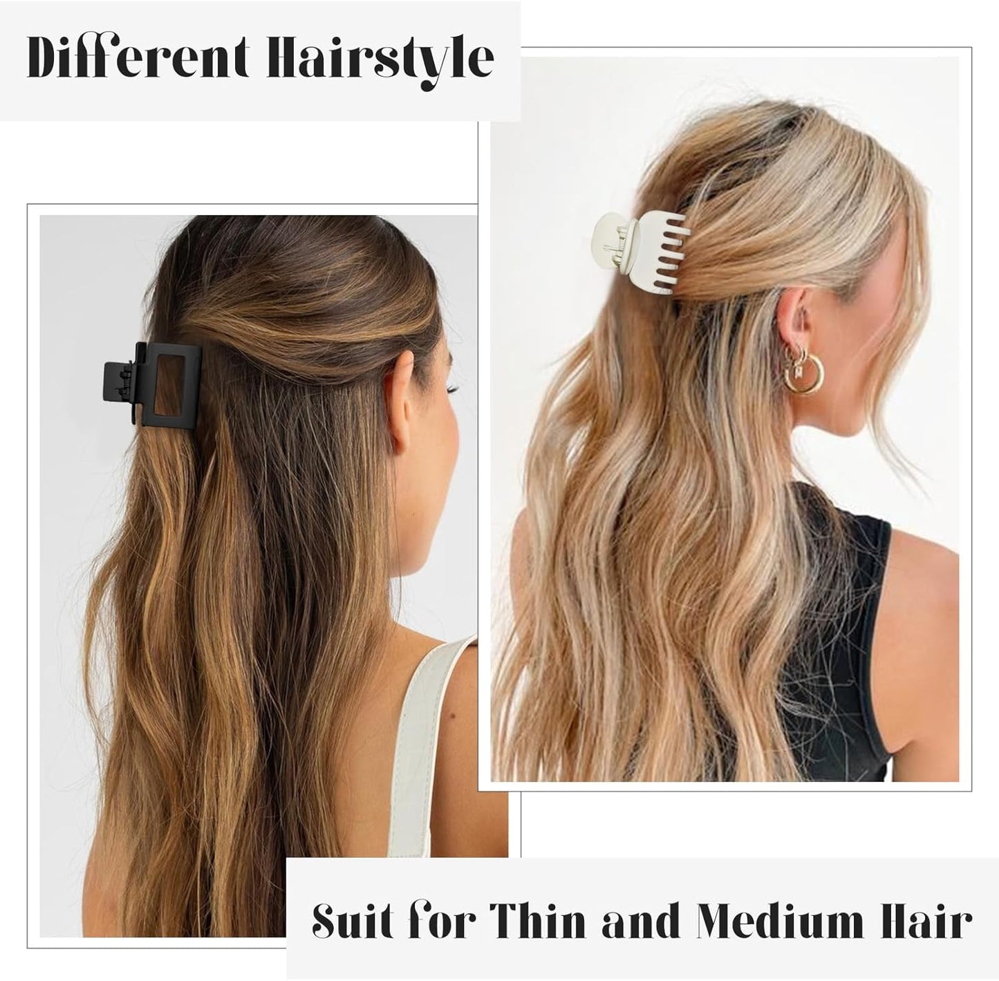 4 Style Hair Clips for Women, 8 Pcs 4.3 Inch Large Hair Claw Clips for Thick Hair and 2 Inch Claw Clips for Thin Hair, Square Double Row Teeth Strong Hold Nonslip Hair Claws (Black+beige)