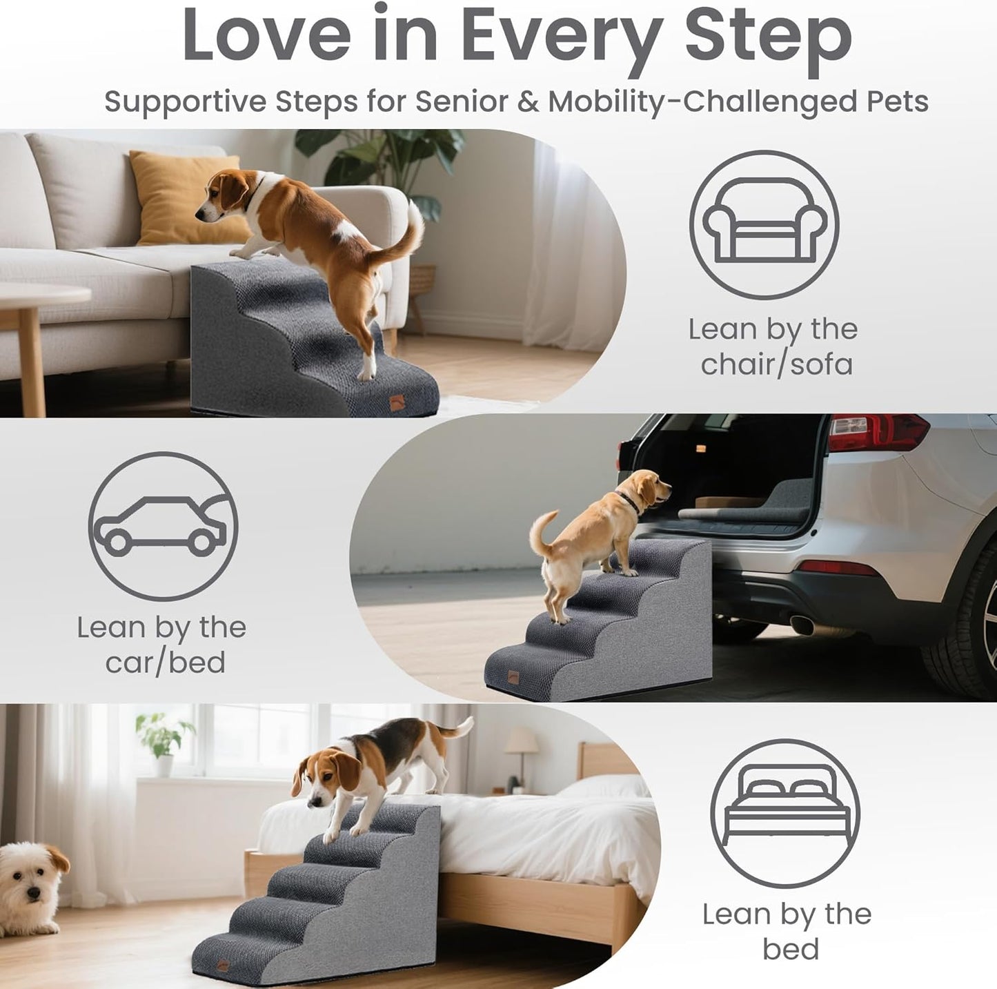 Ramp Dog Stairs for Couch Sofa and Chair 15.7" H, 3-Step Pet Steps Small Dogs Cats, Non-Slip Waterproof Fabric Cover, Stable Balanced Indoor Step, Pets Friendly, Grey (22.4"D x 15.7"W 15.7"H)