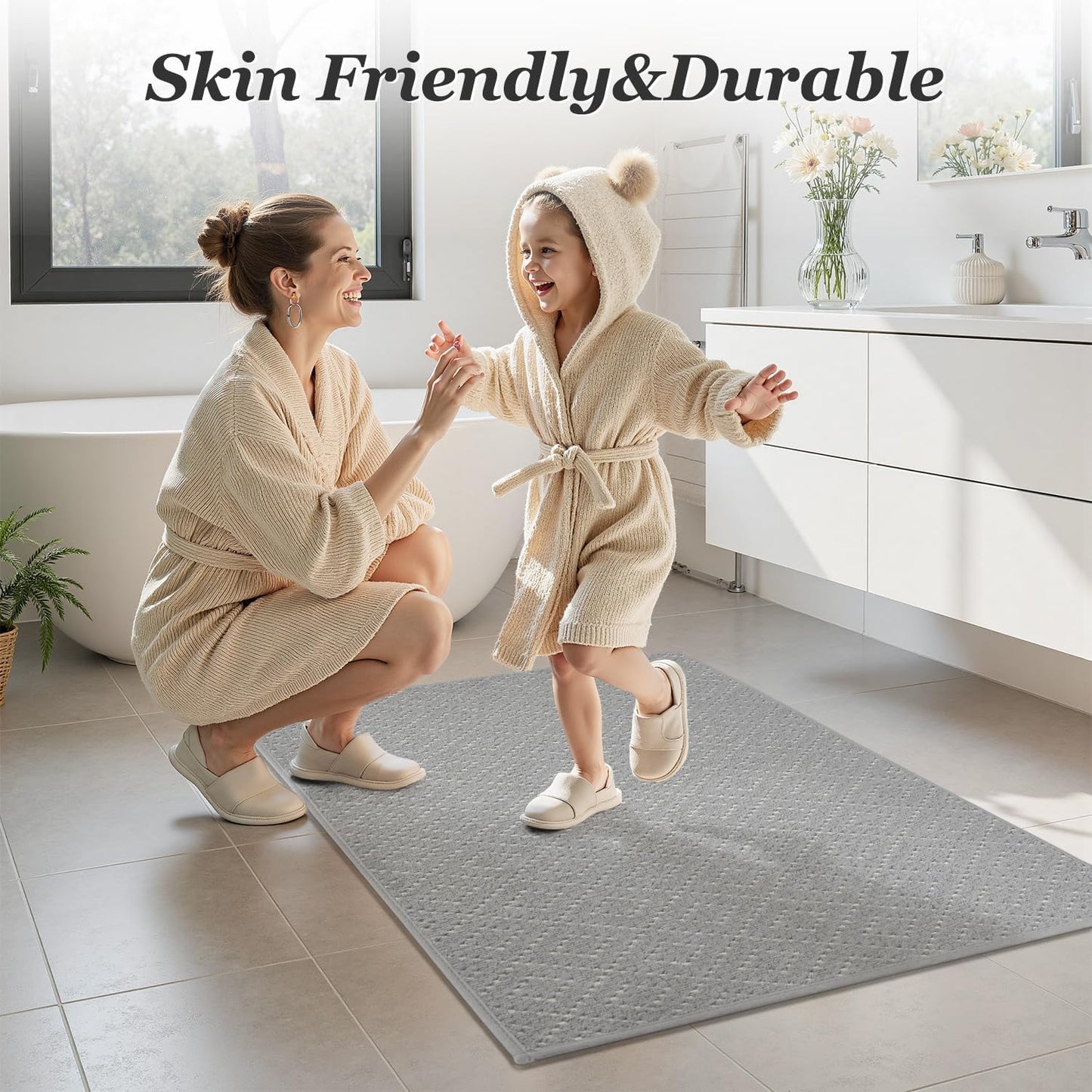 Thin Bath Mat, Super Absorbent Mats for Bathroom, Quick Dry Rubber Backed Rug Non Slip, Chenille Surface Bathroom Rugs Fit Under Door,Low Pile Shower Rug,Grey,17" x 28" Grey 17"