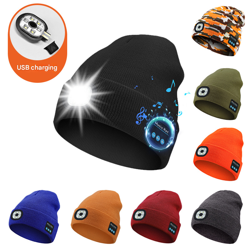 Blue Wireless Bluetooth Beanie Hat with USB Rechargeable LED Headlight - Unisex Knit Cap for Running & Camping