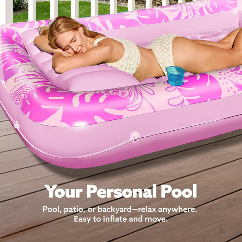 180x118CM Blue Deluxe Inflatable Suntan Tub & Floating Pool Lounger with Dual Integrated Cup Holders and Pillow - Portable Sunbathing Pool for Lawn & Water