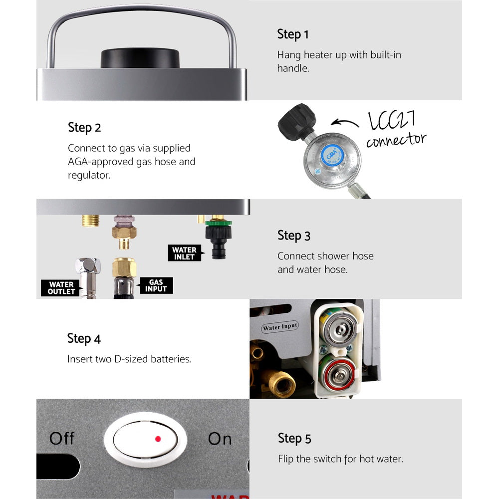 Devanti Portable Gas Water Heater LPG System Grey