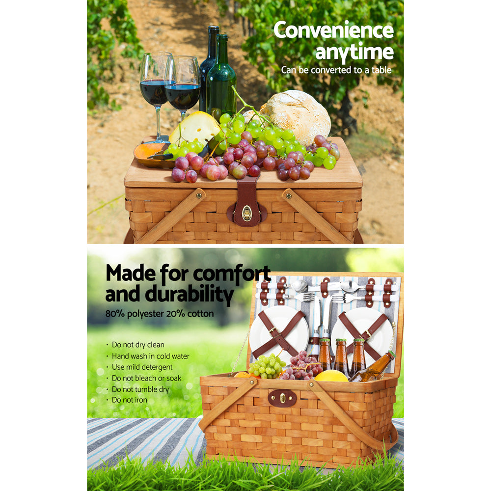 Alfresco 4 Person Picnic Basket Set Wooden Blanket Cooler Bag Outdoor Insulated