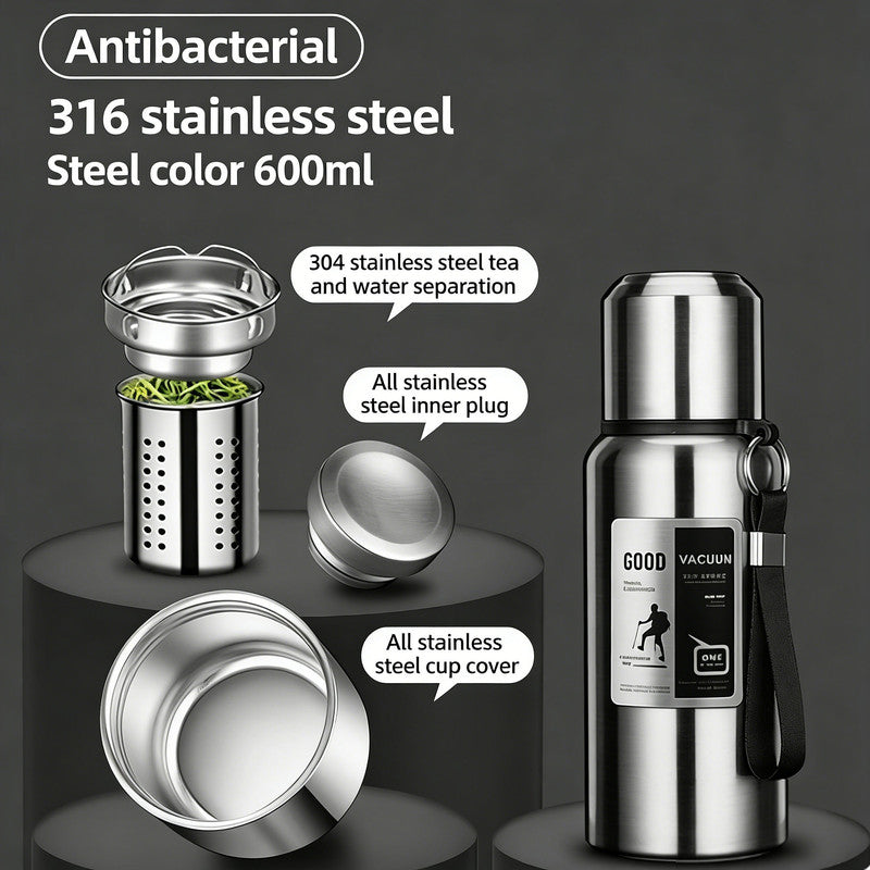 Antibacterial 316 Stainless Steel Vacuum Flask 800ml | Tea Infuser & Insulated Bottle for Hot/Cold Drinks (Bright silver)