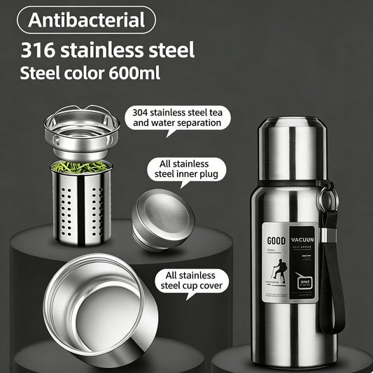Antibacterial 316 Stainless Steel Vacuum Flask 800ml | Tea Infuser & Insulated Bottle for Hot/Cold Drinks (Bright silver)