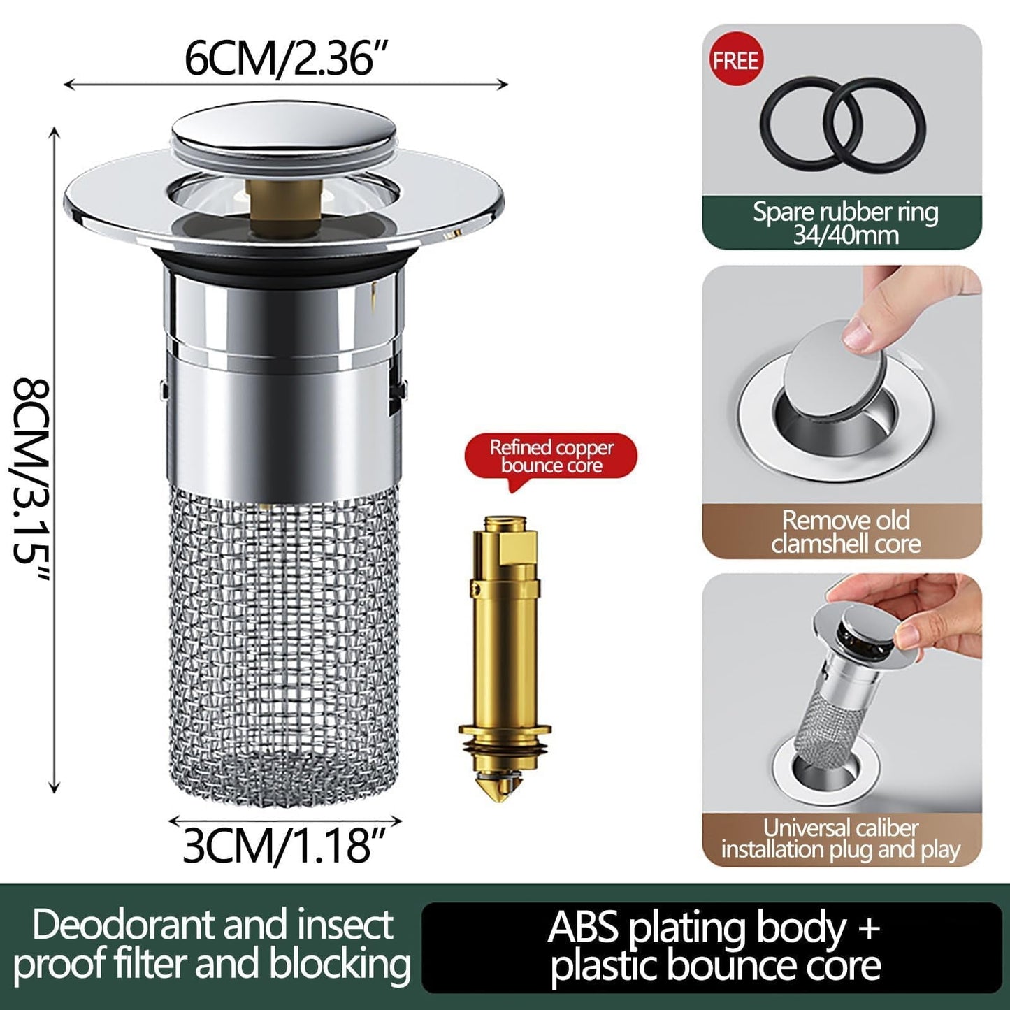 Bathroom Sink Stopper, Heavy Duty Hair Catcher, Pop Up Sink Drain Filter, for Bathroom Sink Stopper Replacement， Hair Catcher with Removable Stainless Steel Filter Basket, 1 Pcs, 2.36x3.15 2.36" x 3.15" Silver