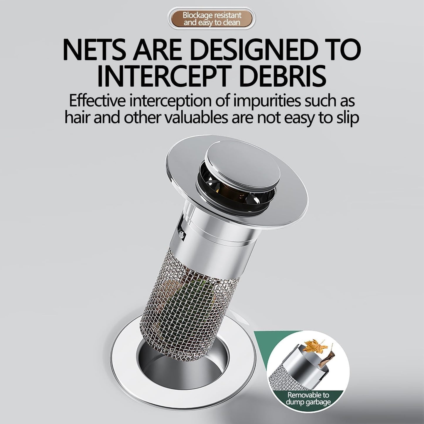 Bathroom Sink Stopper, Heavy Duty Hair Catcher, Pop Up Sink Drain Filter, for Bathroom Sink Stopper Replacement， Hair Catcher with Removable Stainless Steel Filter Basket, 1 Pcs, 2.36x3.15 2.36" x 3.15" Silver