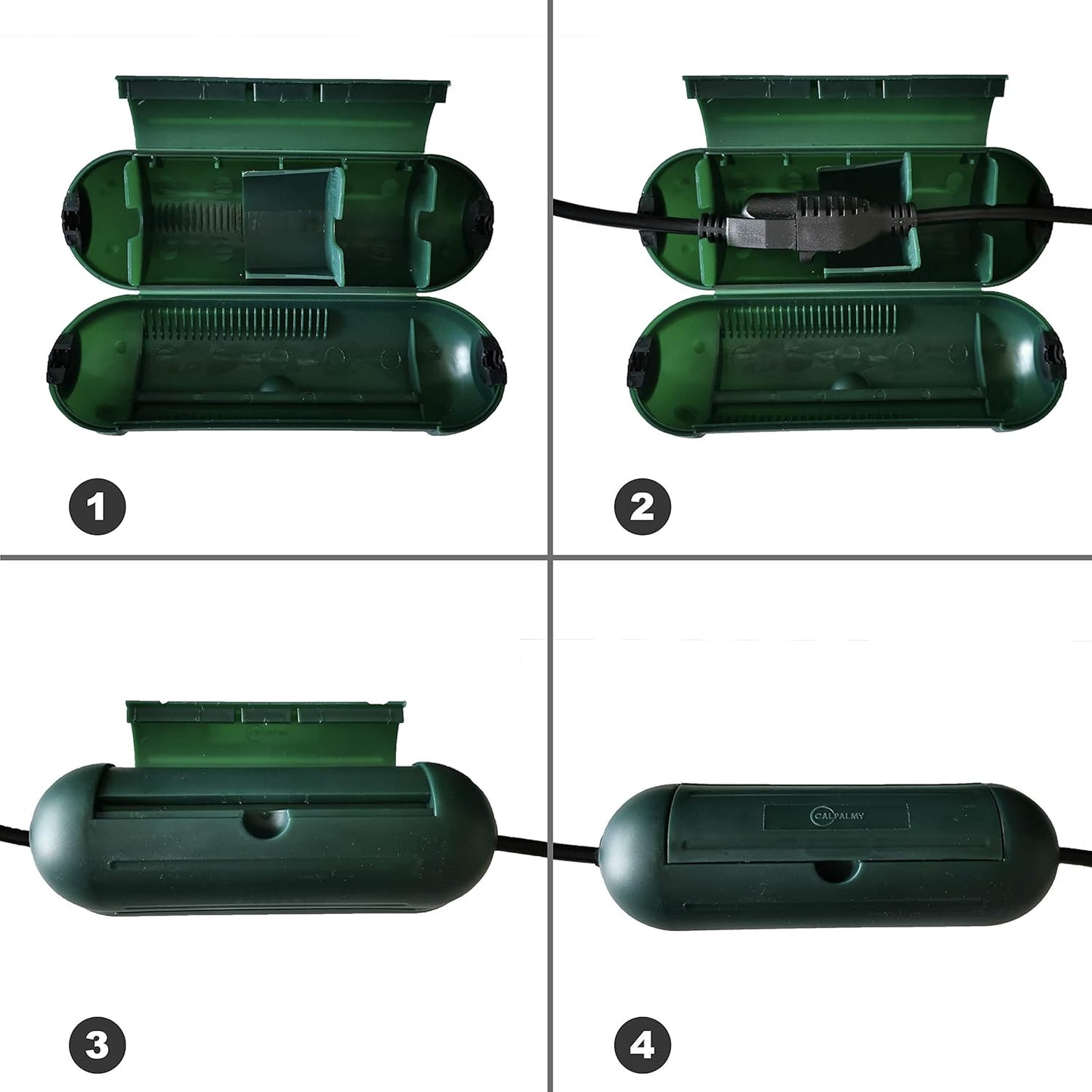 4 Pack Extension Cord Protective Cover Set (Green) | Indoor Outdoor Water-Resistant Holder for Holiday String Lights, Plugs and Wires | Capsule Shaped Protector with Large Compartment