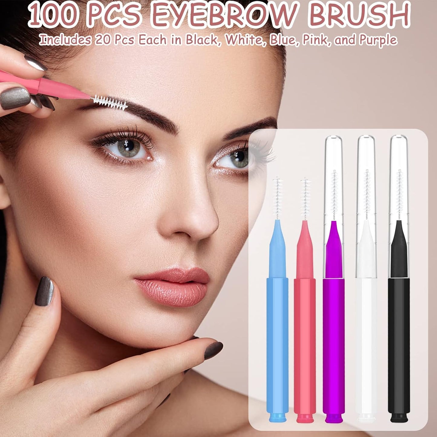 100Pcs Micro Eyebrow Brush, Eyelash Comb Brush with Cap, Multifunctional Brow Lamination Brush Eyebrow Spoolies for Eyebrows, Portable Brow Brushes for Eyebrows Eyelash Extensions Tool, 5 Colors