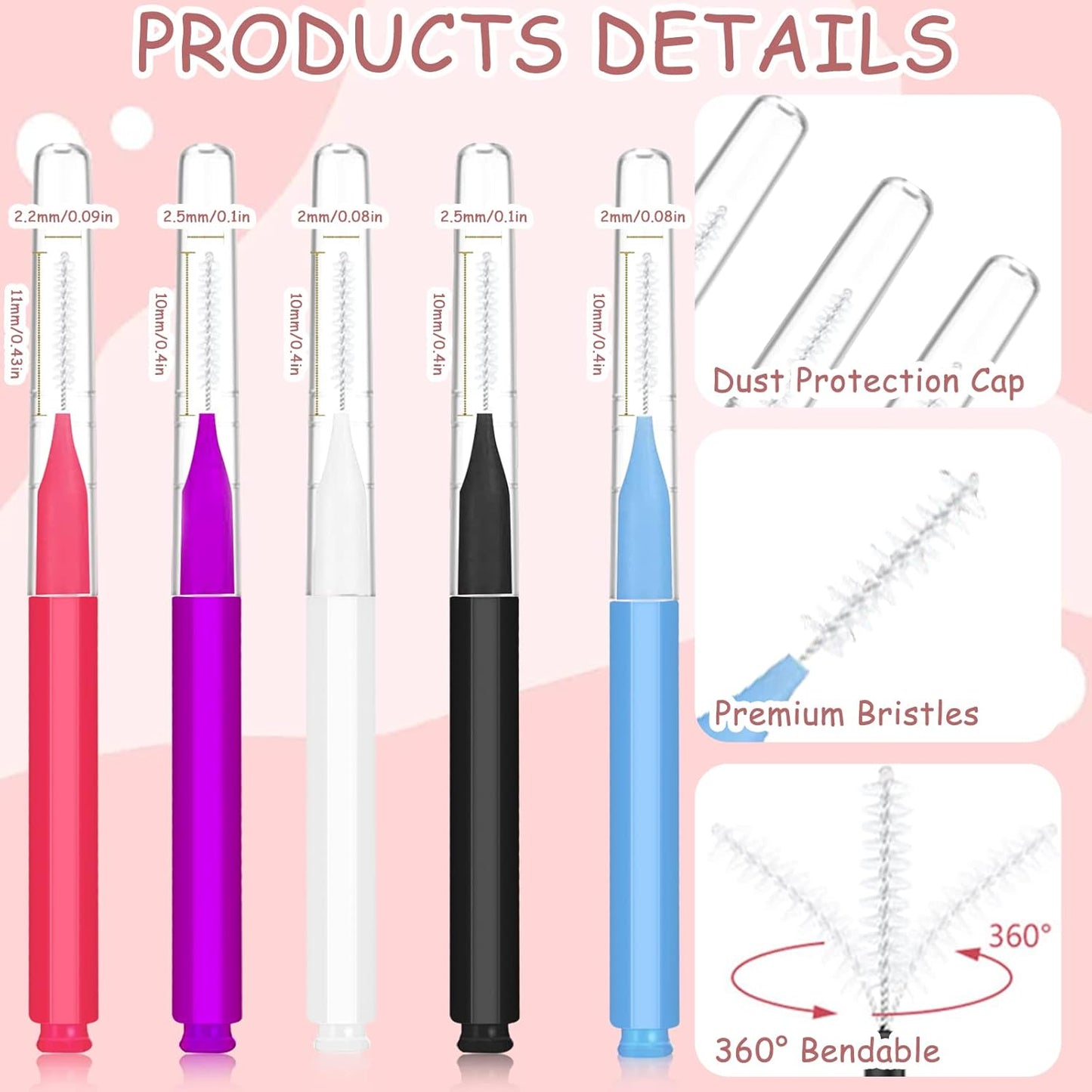 100Pcs Micro Eyebrow Brush, Eyelash Comb Brush with Cap, Multifunctional Brow Lamination Brush Eyebrow Spoolies for Eyebrows, Portable Brow Brushes for Eyebrows Eyelash Extensions Tool, 5 Colors