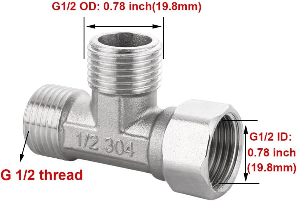Stainless Steel 1/2" G 3 Way Diverter, Movable Cap Flexible Tee Connector for Angled Valve, Bidet, Sprayer, Shower Arm (All 3 way is 1/2 G threaded!!, Thread ID/OD is 19.8MM/3/4")