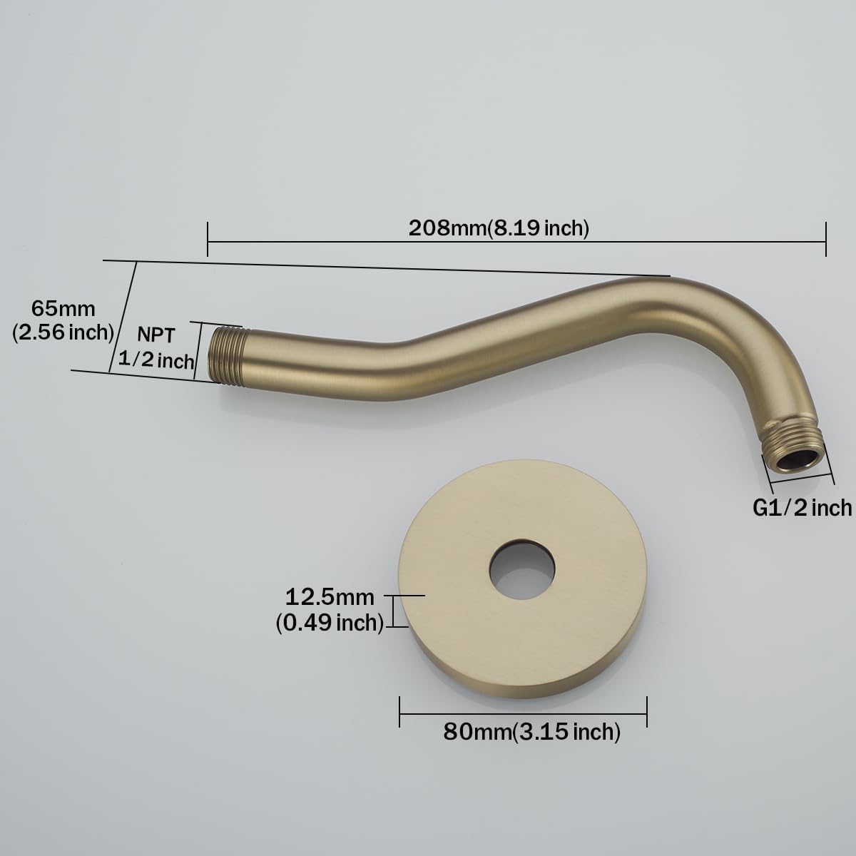 8 Inch Curved Shower Arm with Flange Brushed Gold S-Shape Shower Head Extension Arm Stainless Steel,Wall Mounted.RD-91068-8BG