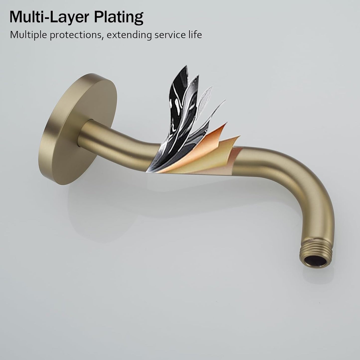 8 Inch Curved Shower Arm with Flange Brushed Gold S-Shape Shower Head Extension Arm Stainless Steel,Wall Mounted.RD-91068-8BG