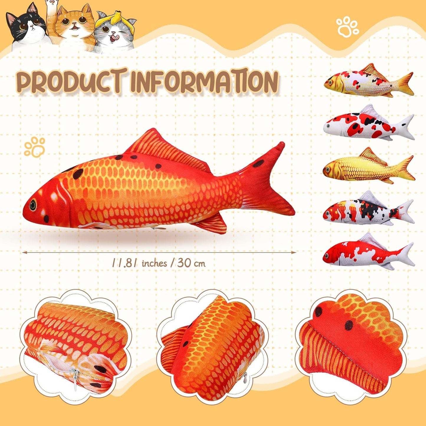 6 Pcs 12 Inch Fish-Shaped Soft Cat Cushions Pillow Realistic Pet Carp Play Pillow for Cats Birthday Gift(Classic Style)