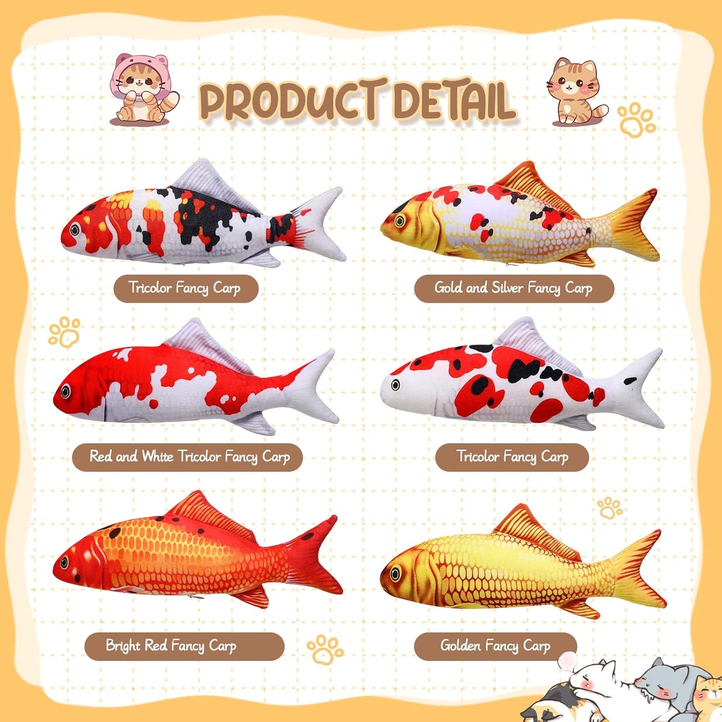 6 Pcs 12 Inch Fish-Shaped Soft Cat Cushions Pillow Realistic Pet Carp Play Pillow for Cats Birthday Gift(Classic Style)