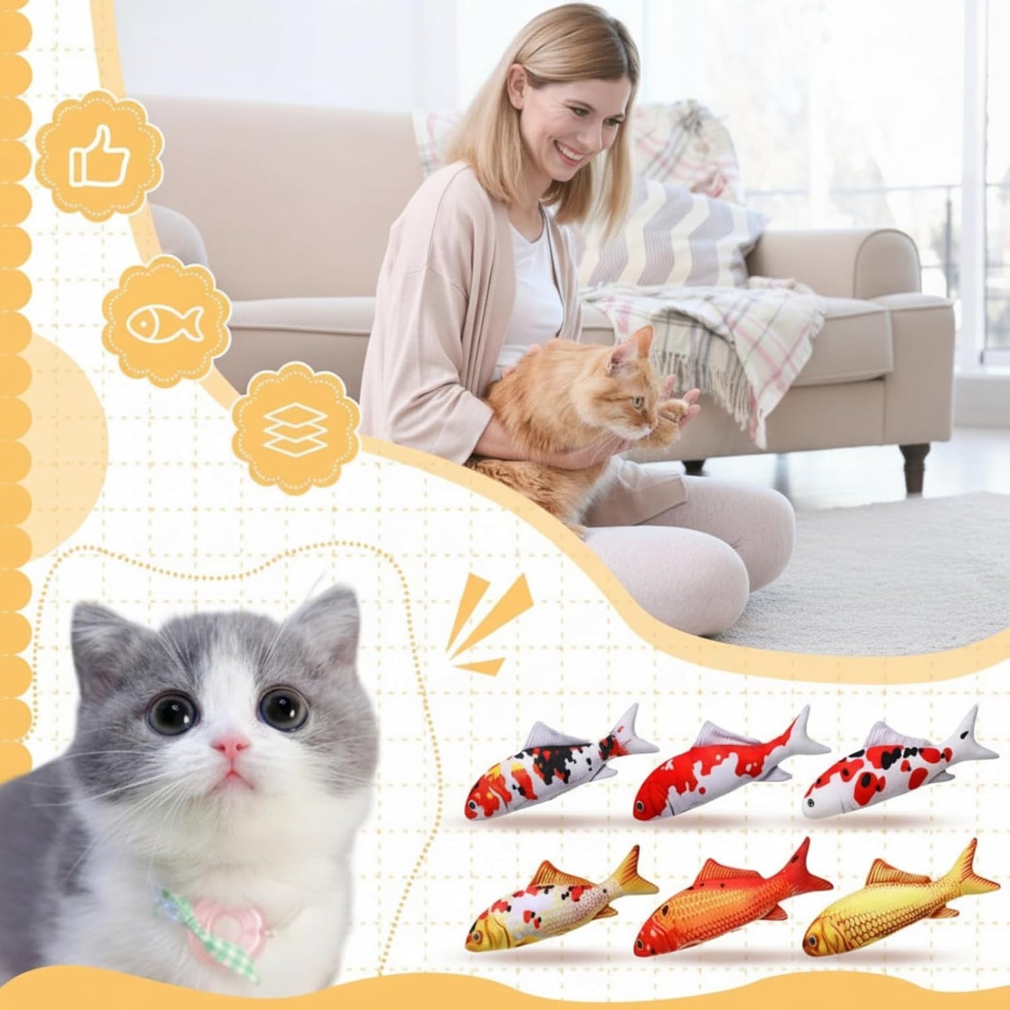 6 Pcs 12 Inch Fish-Shaped Soft Cat Cushions Pillow Realistic Pet Carp Play Pillow for Cats Birthday Gift(Classic Style)
