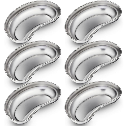 6 Pcs Stainless Steel Kidney Tray 8'' Medium Kidney Shaped Emesis Basin Surgical Medical Tray pan Bowls Reusable Metal Dish Dental Lab Instruments Bathroom Soiled Dressings Medic Waster