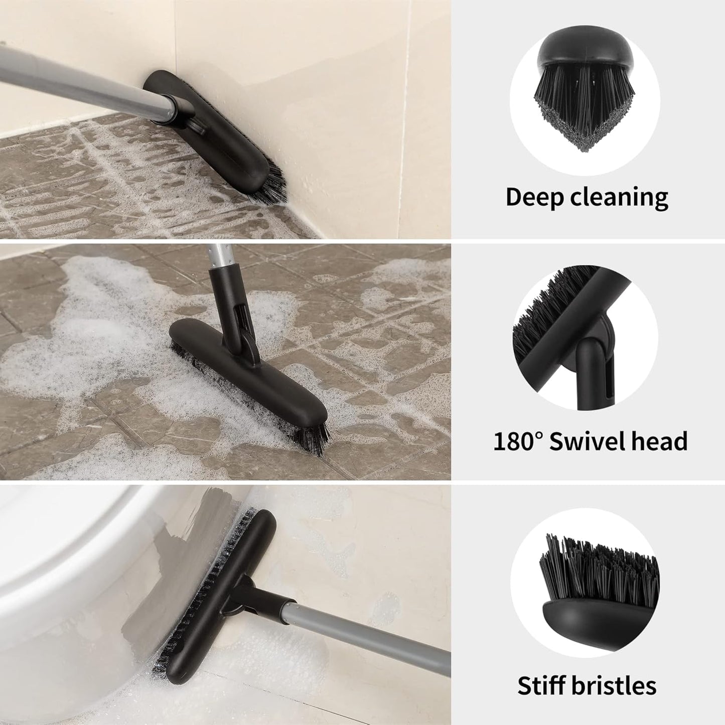 Heavy Duty Grout Scrub Brush with Long Handle, Shower Floor Scrubber for Cleaning, Tile Scrub Brush with Stiff Bristles
