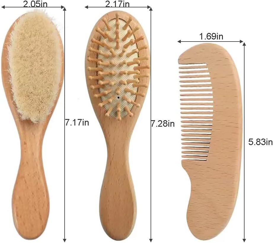Baby Hair Brush and Comb Set for Newborn| Natural Wooden Hairbrush with Soft Goat Bristles, Pear Wood Comb and Wooden Massage Brush for Infant, Toddler, Kids