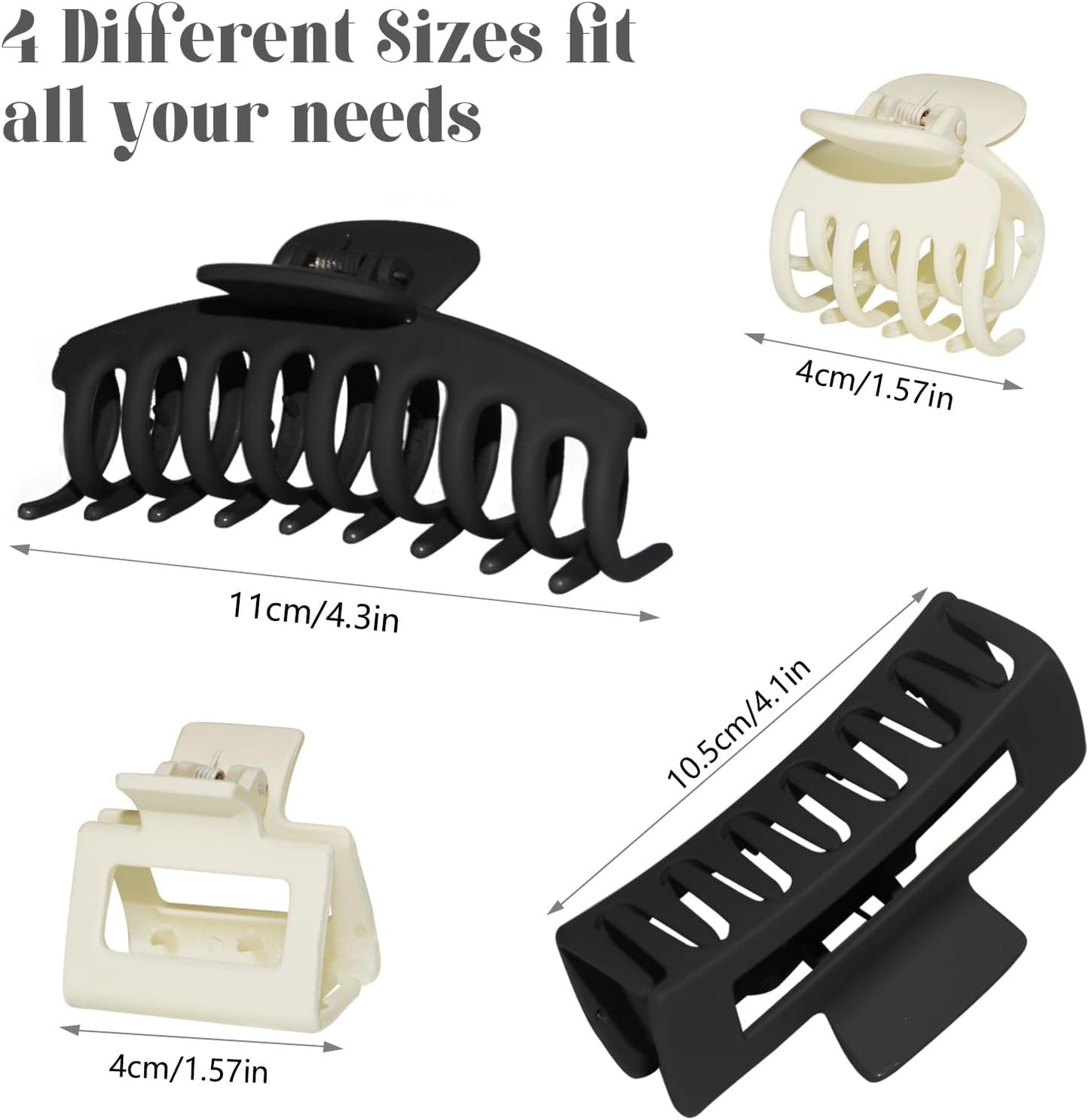 4 Style Hair Clips for Women, 8 Pcs 4.3 Inch Large Hair Claw Clips for Thick Hair and 2 Inch Claw Clips for Thin Hair, Square Double Row Teeth Strong Hold Nonslip Hair Claws (Black+beige)