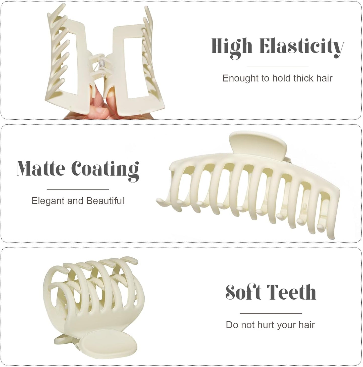 4 Style Hair Clips for Women, 8 Pcs 4.3 Inch Large Hair Claw Clips for Thick Hair and 2 Inch Claw Clips for Thin Hair, Square Double Row Teeth Strong Hold Nonslip Hair Claws (Black+beige)