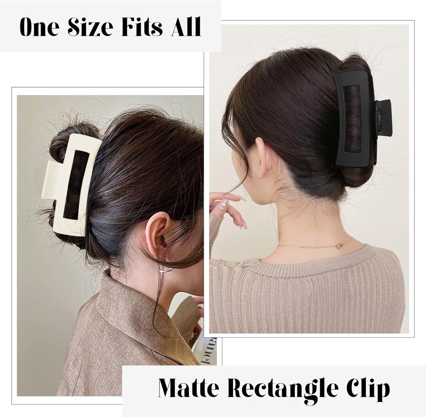 4 Style Hair Clips for Women, 8 Pcs 4.3 Inch Large Hair Claw Clips for Thick Hair and 2 Inch Claw Clips for Thin Hair, Square Double Row Teeth Strong Hold Nonslip Hair Claws (Black+beige)