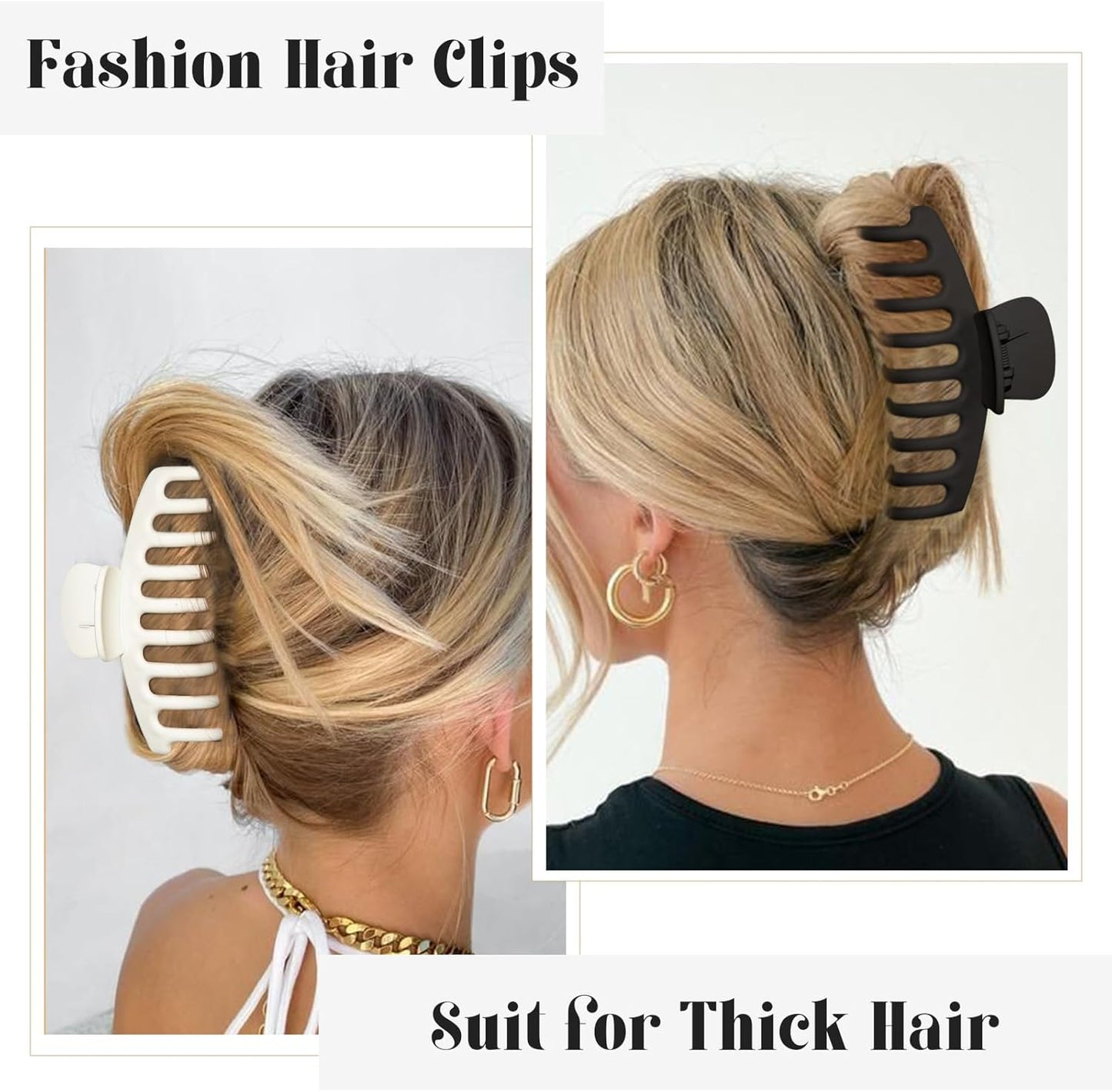 4 Style Hair Clips for Women, 8 Pcs 4.3 Inch Large Hair Claw Clips for Thick Hair and 2 Inch Claw Clips for Thin Hair, Square Double Row Teeth Strong Hold Nonslip Hair Claws (Black+beige)