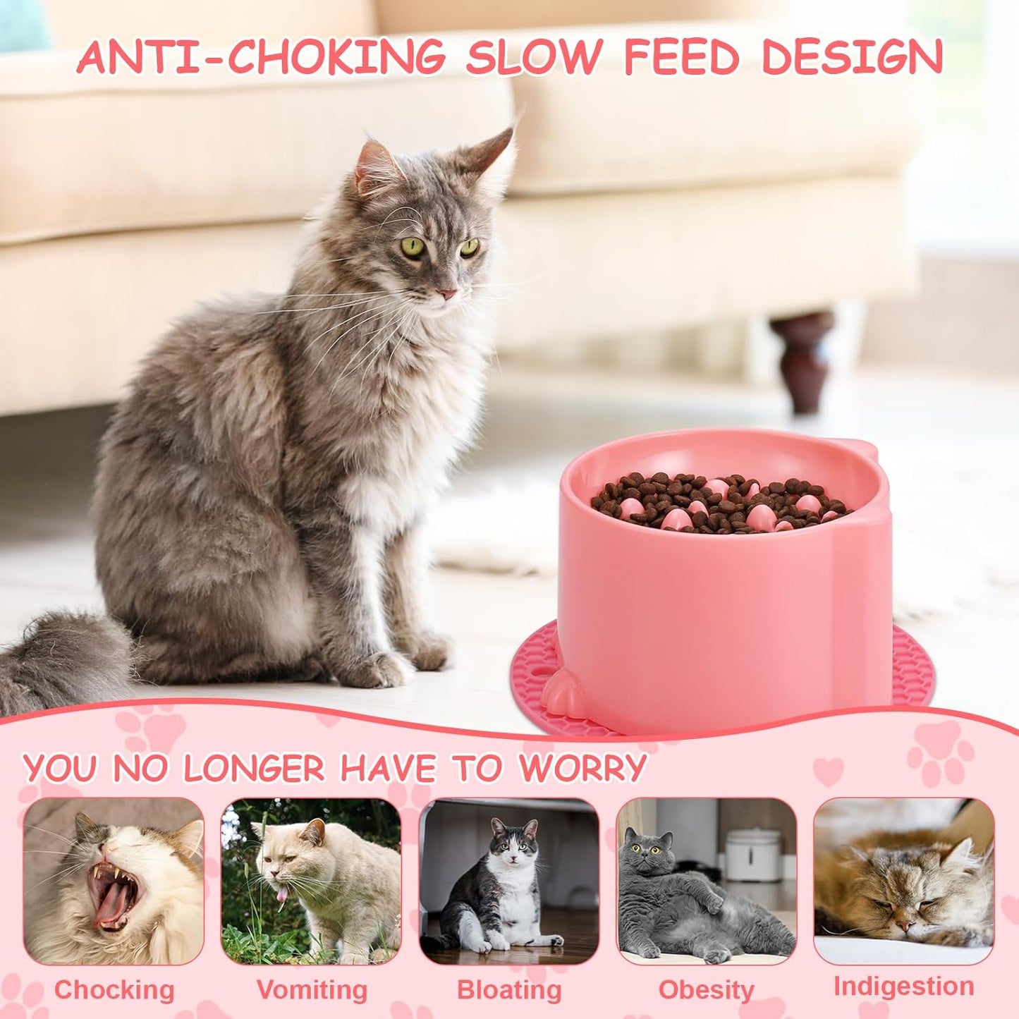 2-Pack Slow Feeder Cat Bowls, Raised Elevated Design with Anti-Slip Base & Ergonomic Neck Relief - Durable Plastic Pet Food Dishes (Pink & Green)