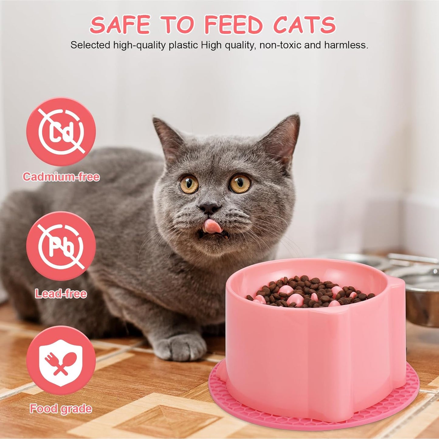2-Pack Slow Feeder Cat Bowls, Raised Elevated Design with Anti-Slip Base & Ergonomic Neck Relief - Durable Plastic Pet Food Dishes (Pink & Green)