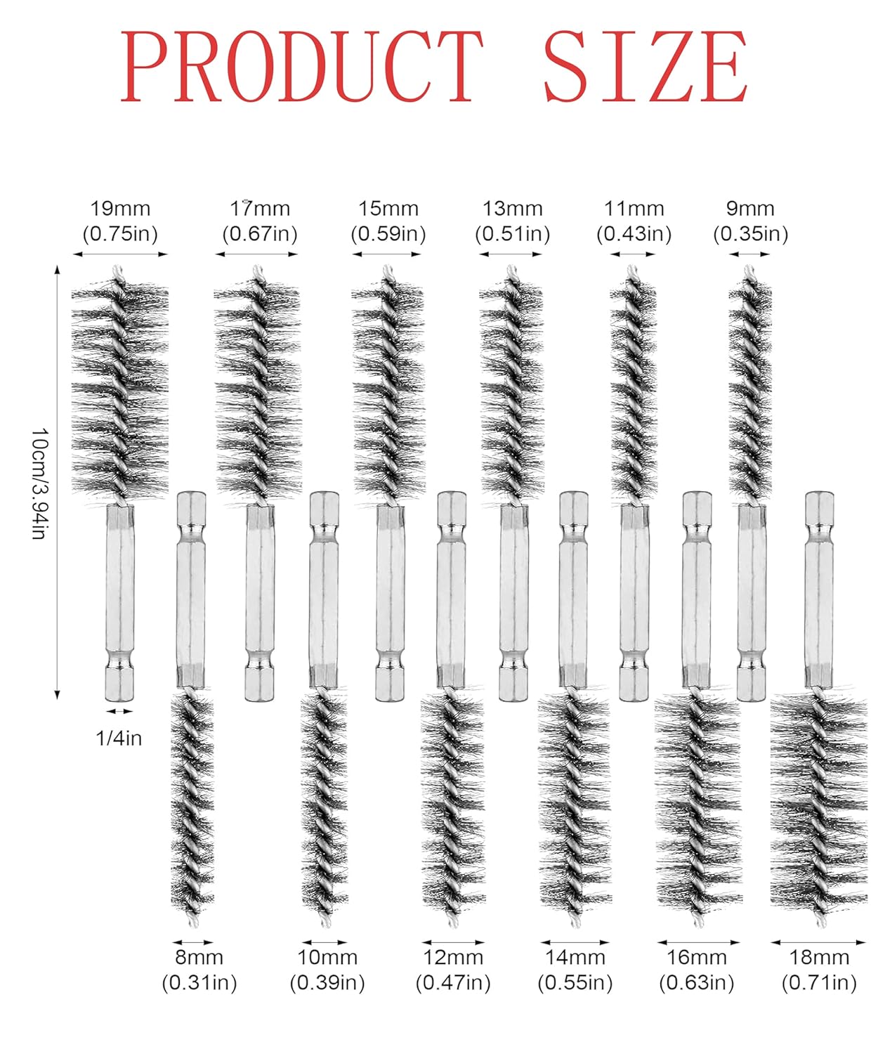 10 Pieces of Wire Brush Drilling Cleaning Brush Set, Stainless Steel Hole Cleaning Brush, 1/4 Inch Hexagonal Handle Tube Cleaning Drill Bit Wire Brush