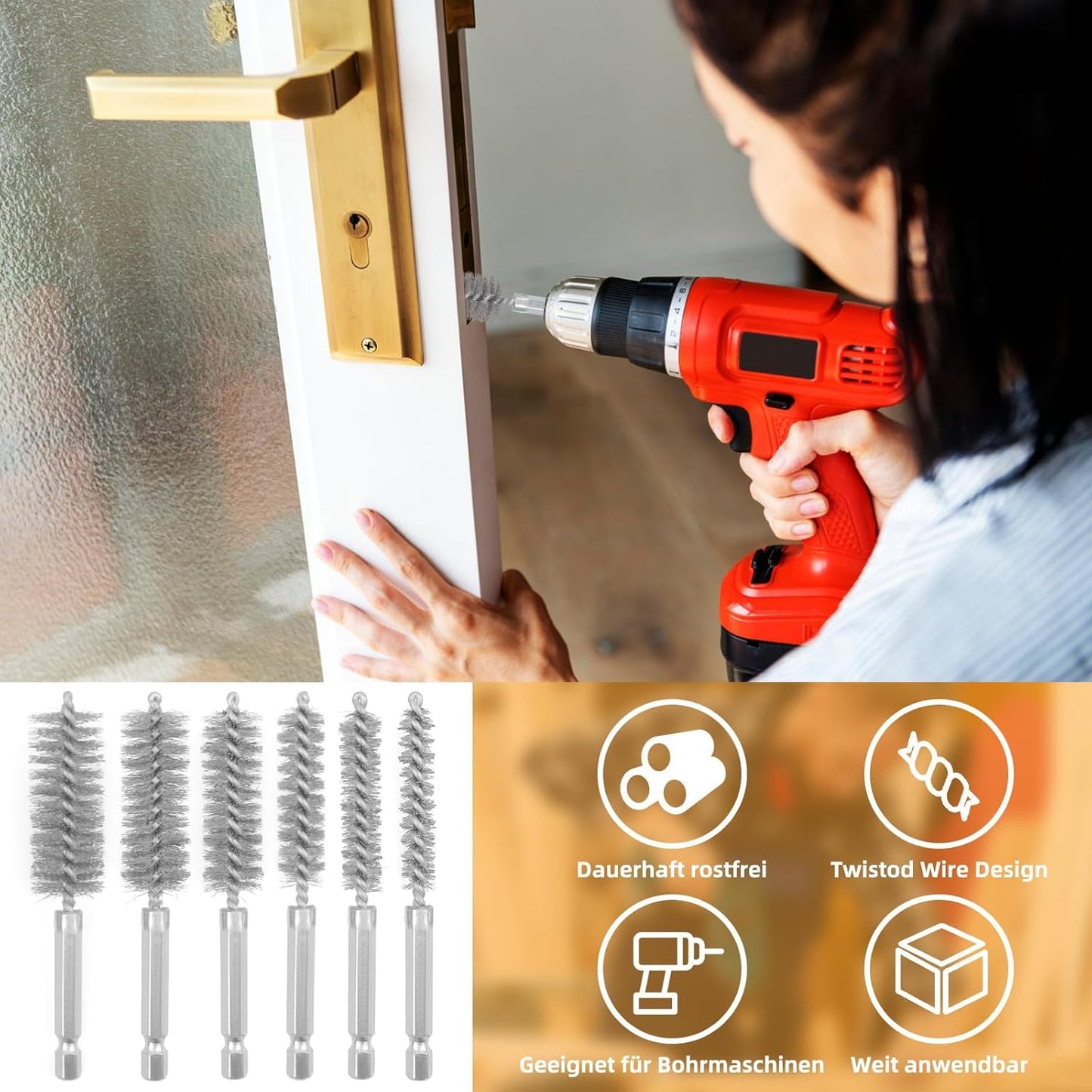 10 Pieces of Wire Brush Drilling Cleaning Brush Set, Stainless Steel Hole Cleaning Brush, 1/4 Inch Hexagonal Handle Tube Cleaning Drill Bit Wire Brush