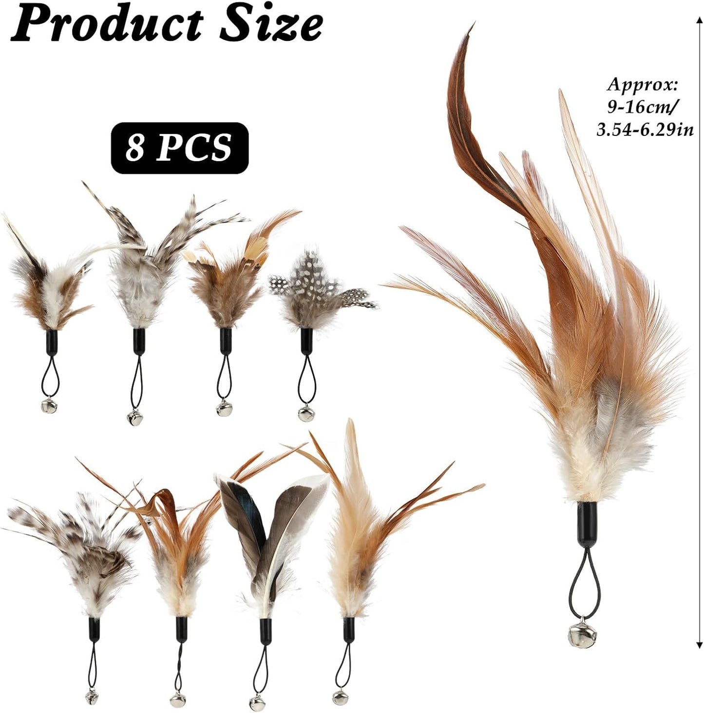 8 Pcs Cat Feather Toys with Bells, Feather Teaser Cat Toy, Replacement Feather Refills with Bells, Exerciser Playing Toy for Kitten or cat