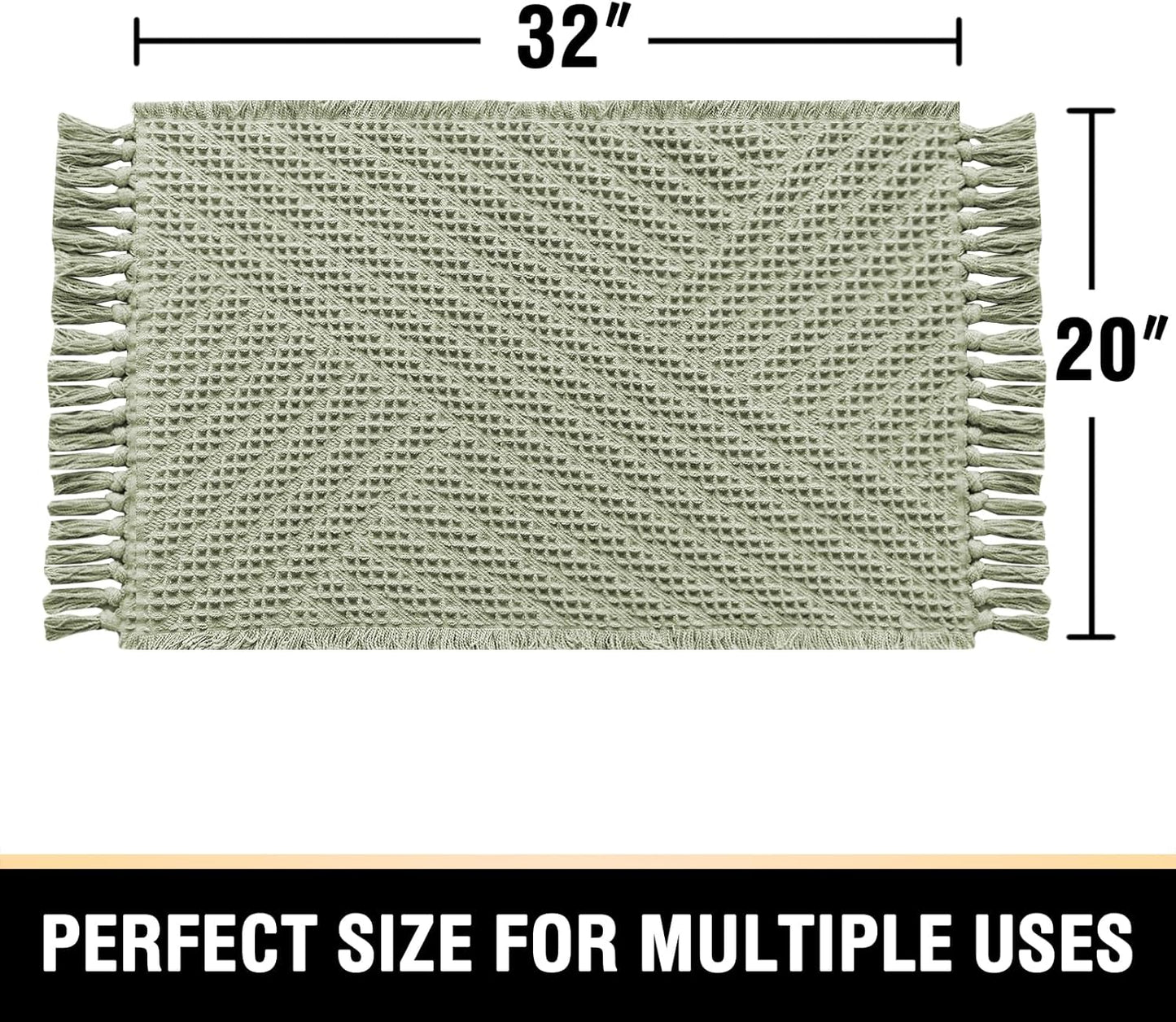 Waffle Bath Mat Super Absorbent Boho Non Slip Rugs for Bathroom Floor Machine Washable Dry Fast with Handmade Tassels, 20" x 32", Sage 32"