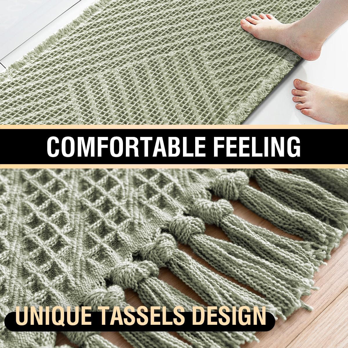 Waffle Bath Mat Super Absorbent Boho Non Slip Rugs for Bathroom Floor Machine Washable Dry Fast with Handmade Tassels, 20" x 32", Sage 32"