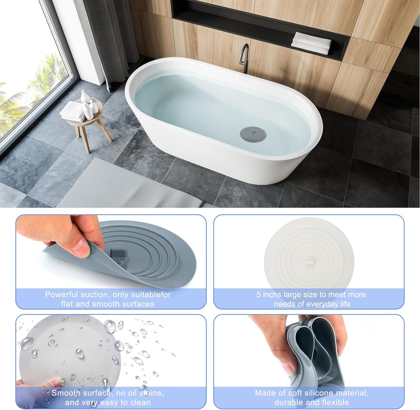 Bathtub Drain Stopper 2 Pack, 5 inches Silicone Tub Shower Cover, Bath Plug Hair Stopper,Universal Flat Suction Renter Friendly Accessories (White&Grey, inch) White&grey -