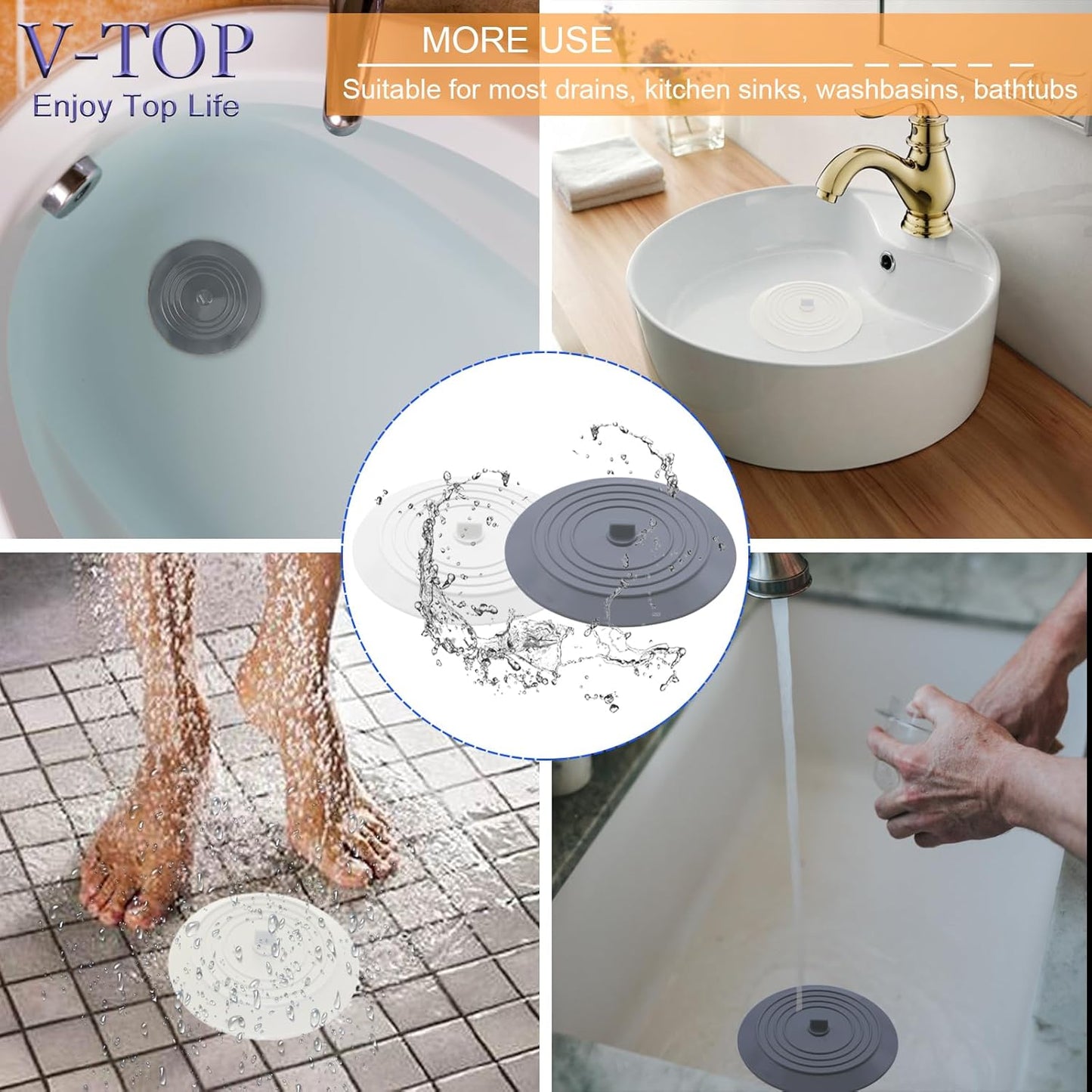 Bathtub Drain Stopper 2 Pack, 5 inches Silicone Tub Shower Cover, Bath Plug Hair Stopper,Universal Flat Suction Renter Friendly Accessories (White&Grey, inch) White&grey -