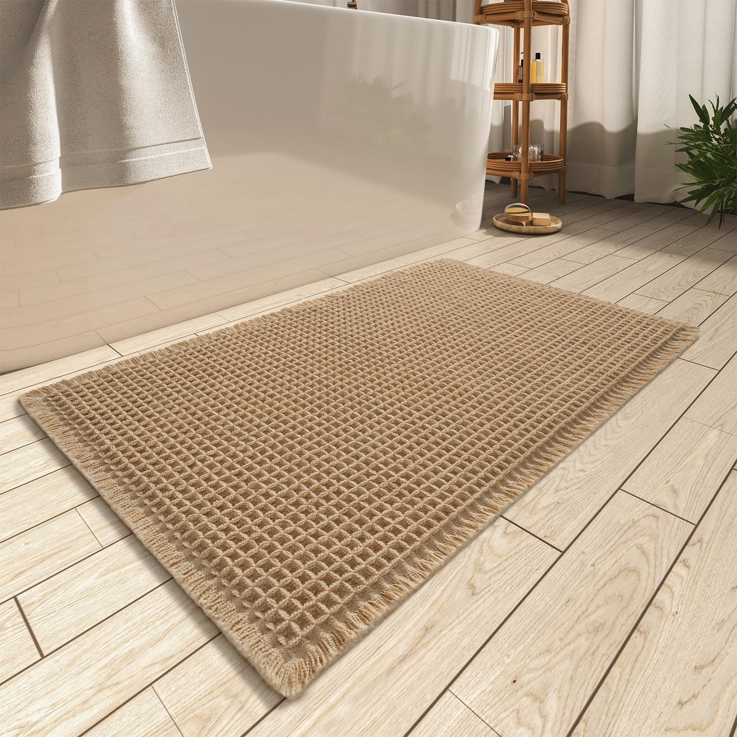 Upgraded Waffle Bath Mat, Super Absorbent Non Slip Mats for Bathroom Floor, Machine Washable Rugs with Tassels, Rubber Backed Mats, Ultra Soft, 17" x 24", Brown 1'5" 2' (Rectangular)