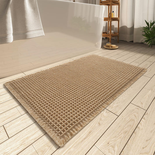 Upgraded Waffle Bath Mat, Super Absorbent Non Slip Mats for Bathroom Floor, Machine Washable Rugs with Tassels, Rubber Backed Mats, Ultra Soft, 17" x 24", Brown 1'5" 2' (Rectangular)