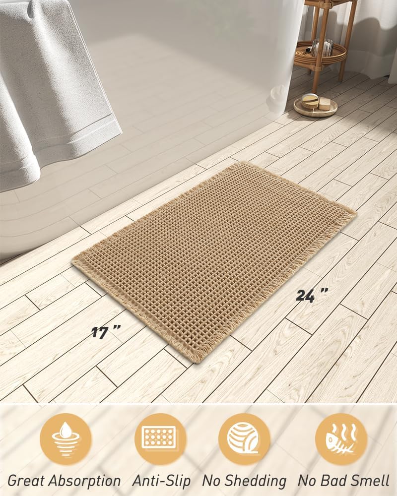 Upgraded Waffle Bath Mat, Super Absorbent Non Slip Mats for Bathroom Floor, Machine Washable Rugs with Tassels, Rubber Backed Mats, Ultra Soft, 17" x 24", Brown 1'5" 2' (Rectangular)