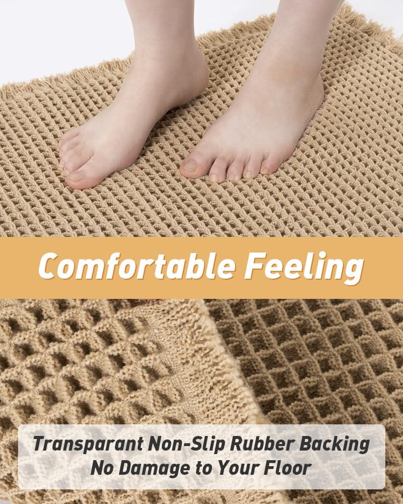 Upgraded Waffle Bath Mat, Super Absorbent Non Slip Mats for Bathroom Floor, Machine Washable Rugs with Tassels, Rubber Backed Mats, Ultra Soft, 17" x 24", Brown 1'5" 2' (Rectangular)