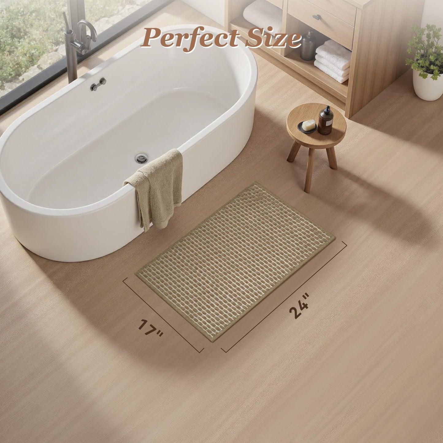 Unique Woven Bath Mat, Super Absorbent Non Slip Mats for Bathroom Floor Textured Mat Quick Dry Washable Boho Thin Rugs Beside Tub, 17" x 24", Brown 24"