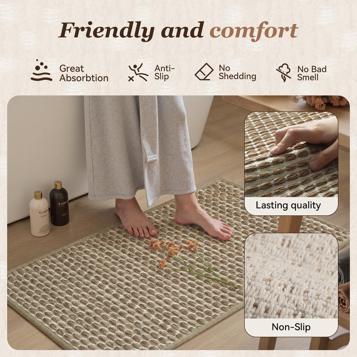 Unique Woven Bath Mat, Super Absorbent Non Slip Mats for Bathroom Floor Textured Mat Quick Dry Washable Boho Thin Rugs Beside Tub, 17" x 24", Brown 24"