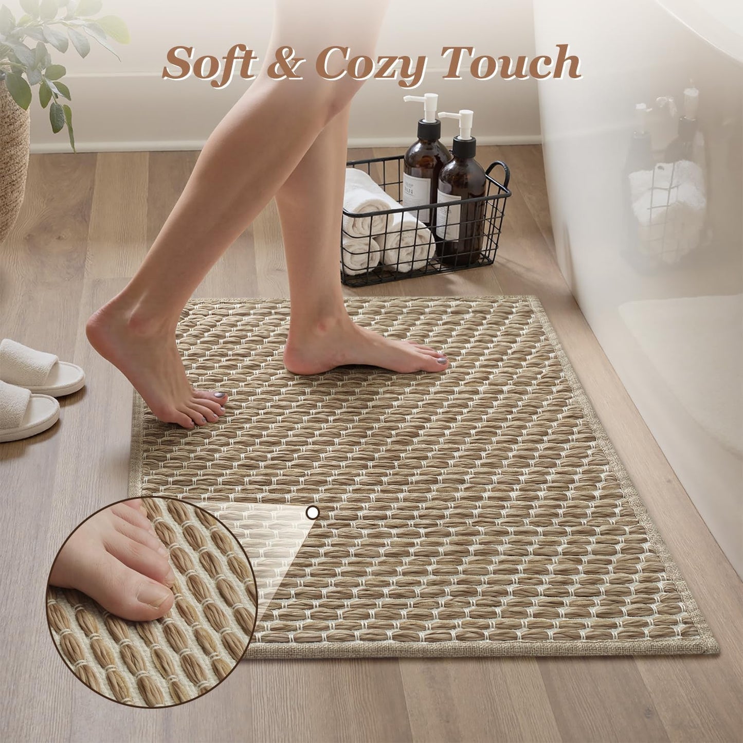 Unique Woven Bath Mat, Super Absorbent Non Slip Mats for Bathroom Floor Textured Mat Quick Dry Washable Boho Thin Rugs Beside Tub, 17" x 24", Brown 24"