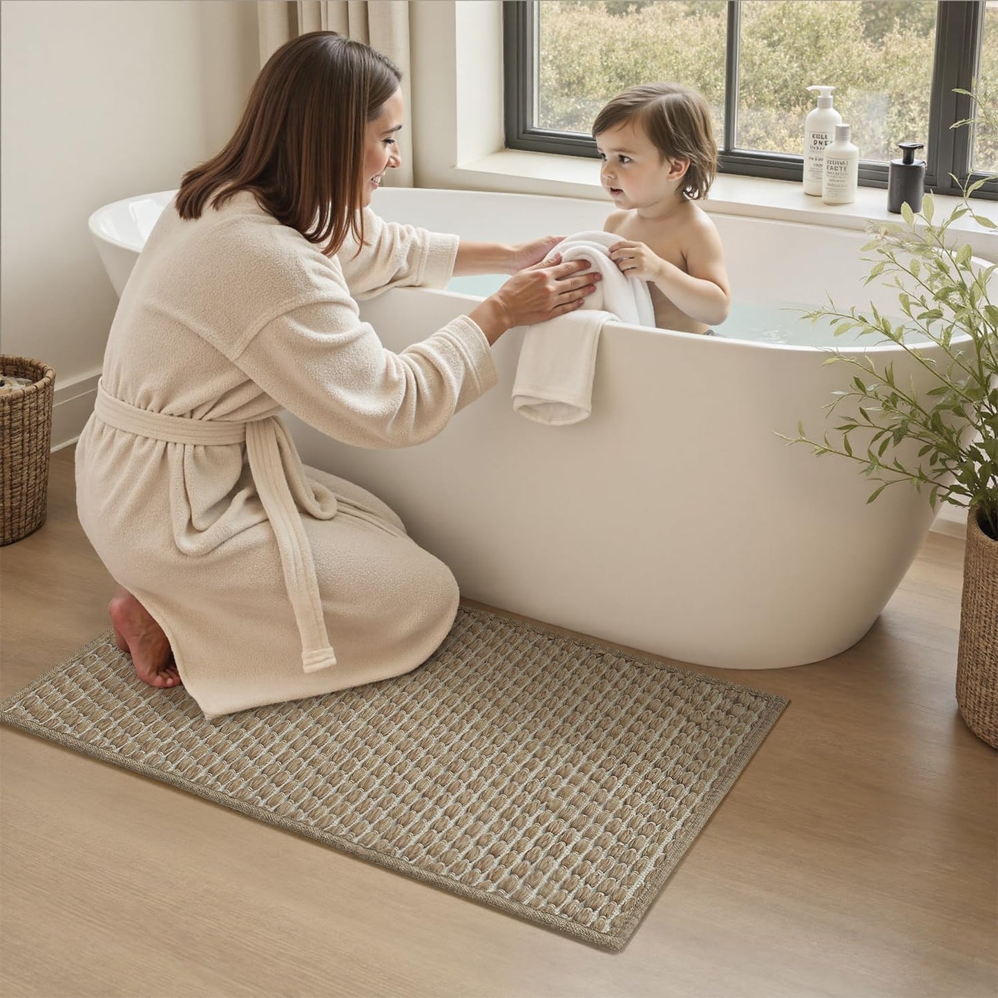 Unique Woven Bath Mat, Super Absorbent Non Slip Mats for Bathroom Floor Textured Mat Quick Dry Washable Boho Thin Rugs Beside Tub, 17" x 24", Brown 24"