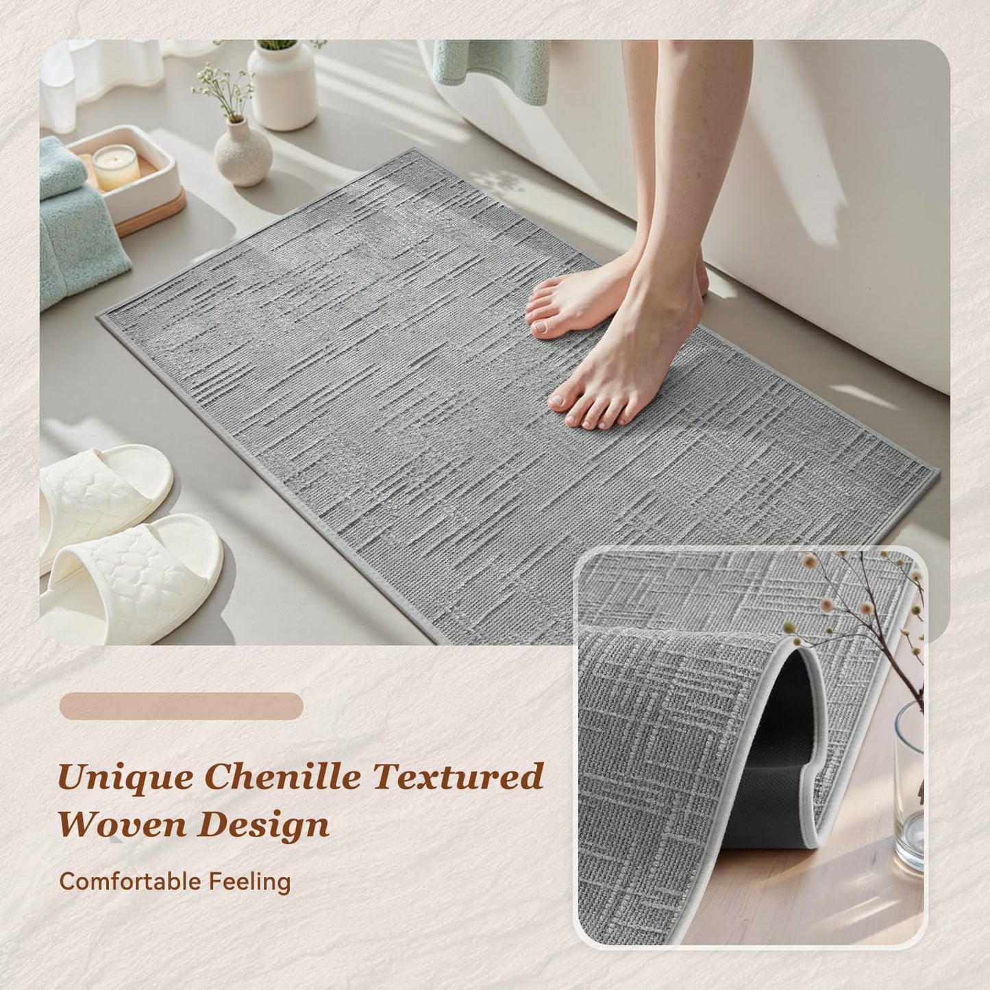 Bath Mat Non Slip Super Absorbent Quick Dry Mats for Bathroom Floor Rubber Backing Washable Rugs Modern Woven Jacquard Mat, Beside Tub Rugs, 17" x 24", LightGrey Lightgrey 24"