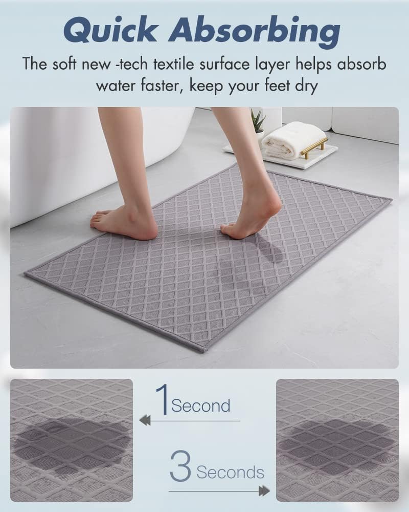 Ultra Thin Bath Mat, Rubber Backed Mats for Bathroom Non Slip, Absorbent Mat Floor Machine Washable Rugs, Shower, Sink (17"x28", Grey) Grey 17"x28"