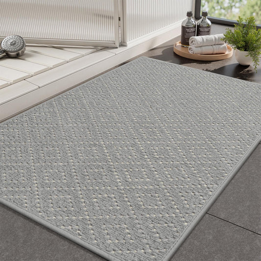 Thin Bath Mat, Super Absorbent Mats for Bathroom, Quick Dry Rubber Backed Rug Non Slip, Chenille Surface Bathroom Rugs Fit Under Door,Low Pile Shower Rug,Grey,17" x 28" Grey 17"