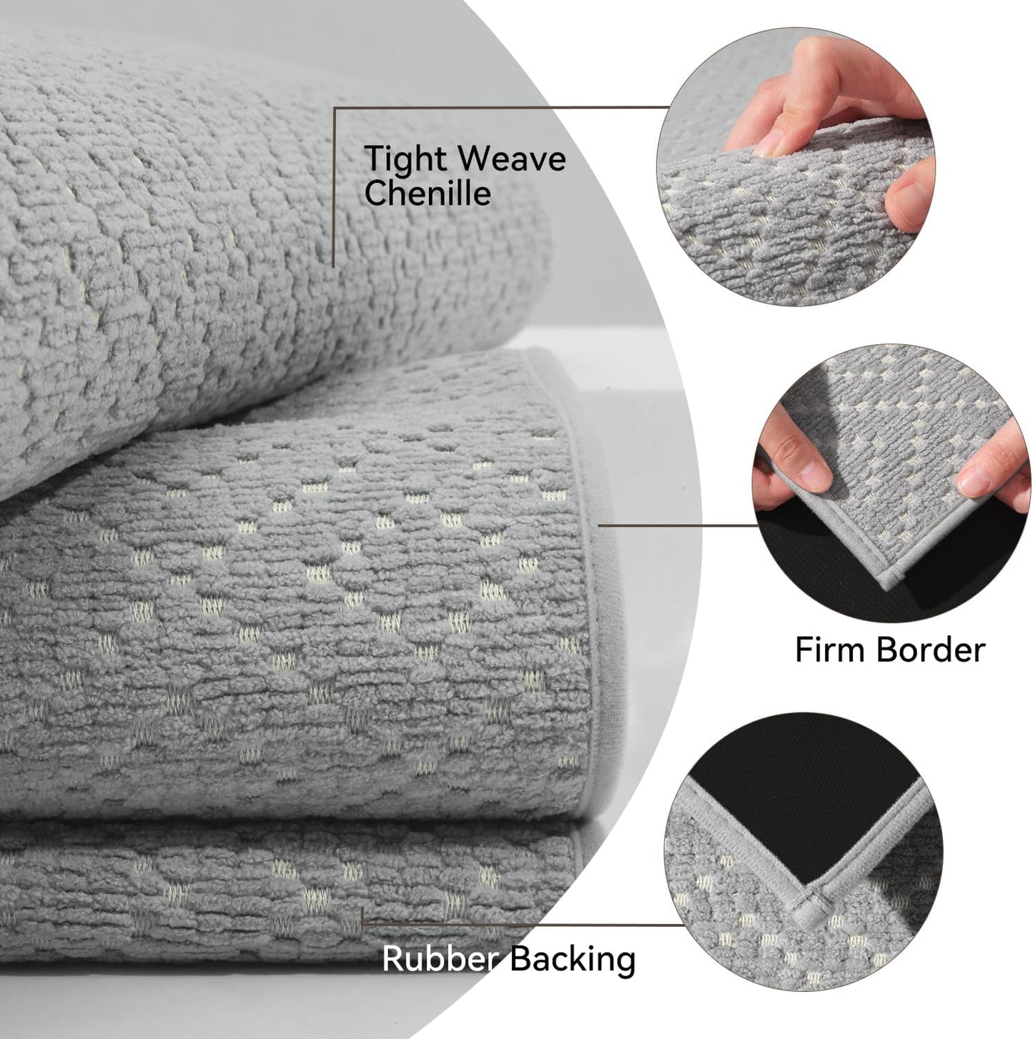 Thin Bath Mat, Super Absorbent Mats for Bathroom, Quick Dry Rubber Backed Rug Non Slip, Chenille Surface Bathroom Rugs Fit Under Door,Low Pile Shower Rug,Grey,17" x 28" Grey 17"