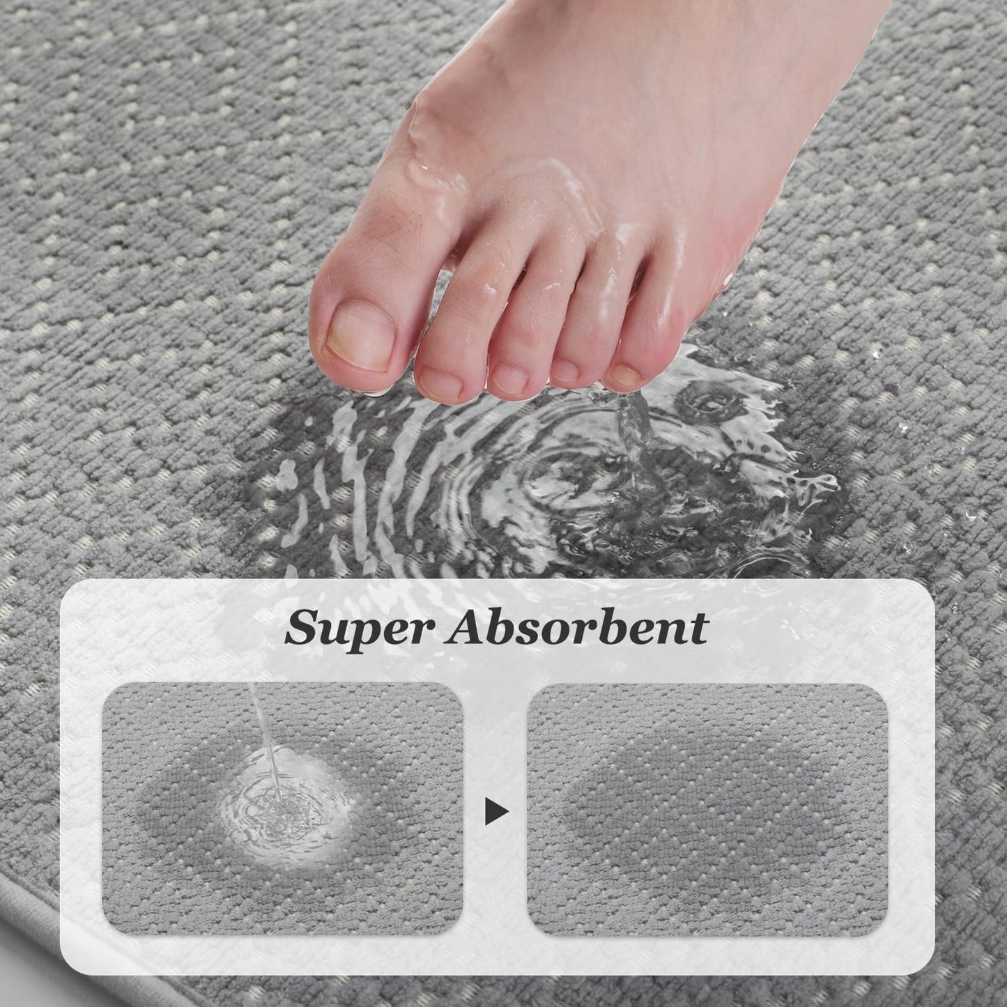 Thin Bath Mat, Super Absorbent Mats for Bathroom, Quick Dry Rubber Backed Rug Non Slip, Chenille Surface Bathroom Rugs Fit Under Door,Low Pile Shower Rug,Grey,17" x 28" Grey 17"